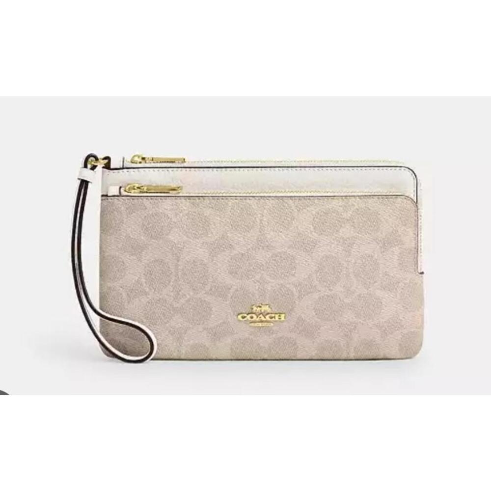 Coach Double Zip Wallet In Signature Canvas  Gold/Sand/Chalk NWT